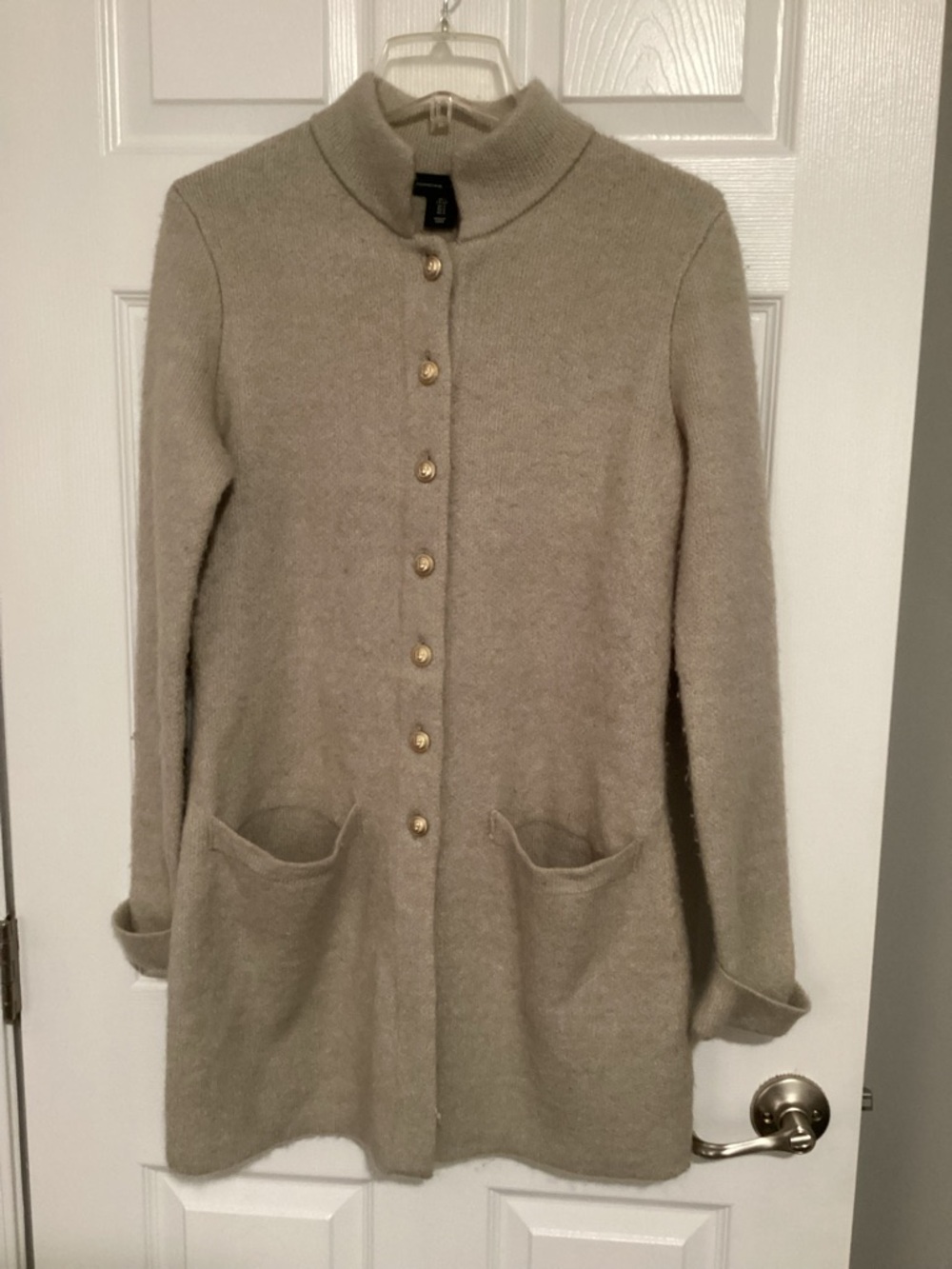 Adrienne Vittadini Taupe Long Wool Cardigan with Gold Buttons